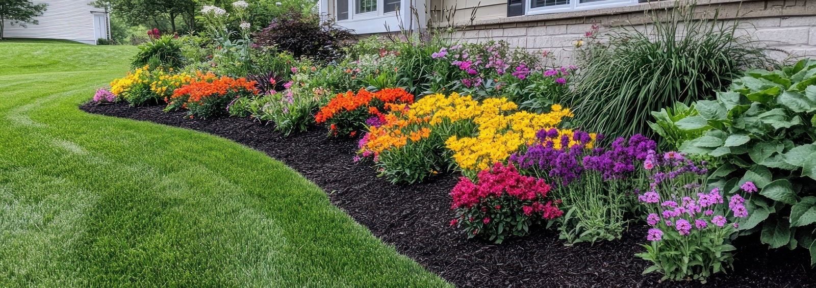 Vibrant Flower Bed Landscaping With Colorful Blooms And Mulch Bordering A Green Lawn Next To A House.