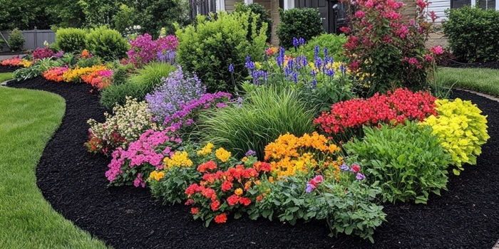 Vibrant Colorful Flower Bed Landscape Design In Front Of A Suburban Home.