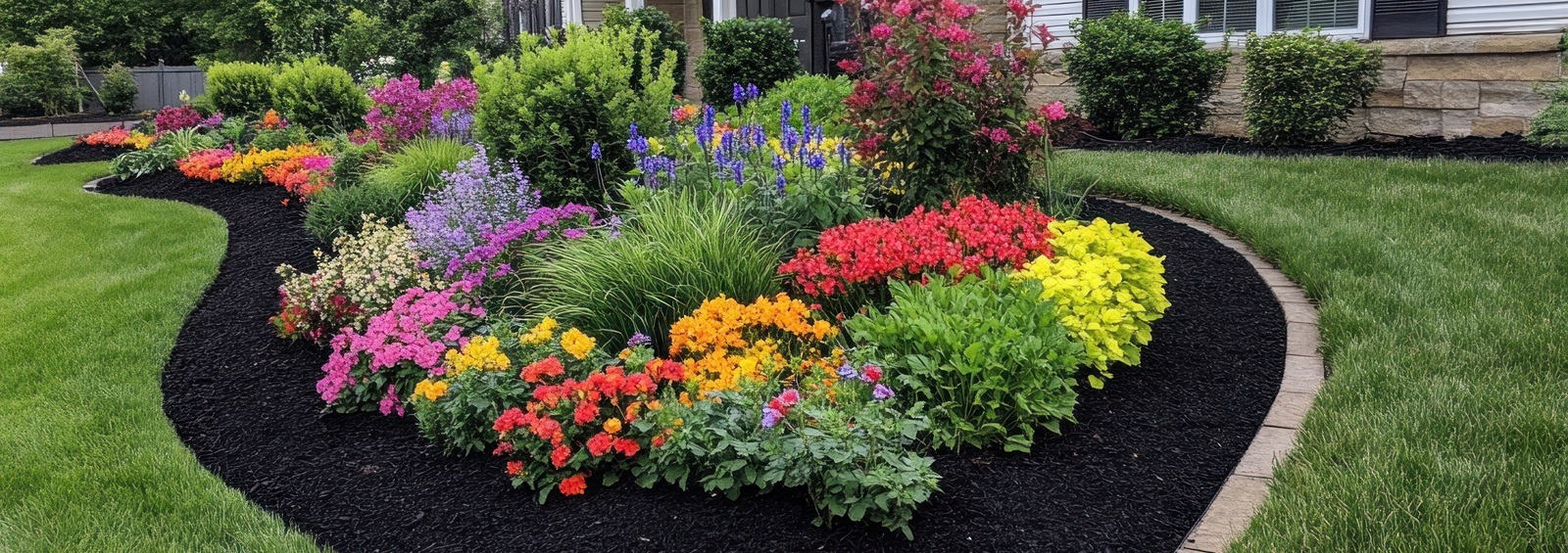 Vibrant Colorful Flower Bed Landscape Design In Front Of A Suburban Home.