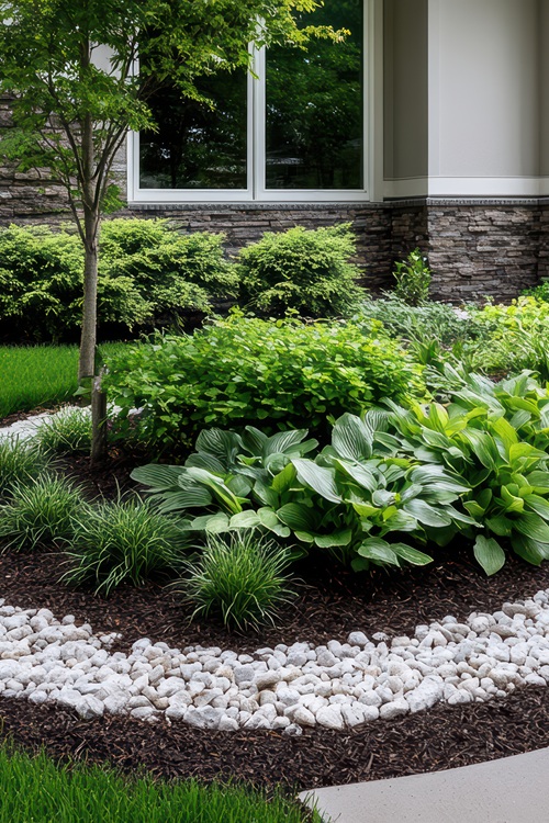 Lush Curved Garden Bed With Green Hosta And White Pebble Border Beside Modern House Patio
