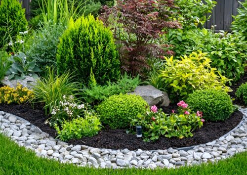 Lush Garden Landscaping Design, Backyard, Flowers, Shrubs, Mulch