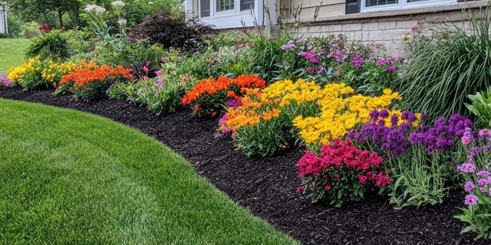 Vibrant Flower Bed Landscaping With Colorful Blooms And Mulch Bordering A Green Lawn Next To A House.