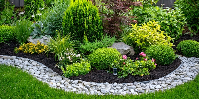 Lush Garden Landscaping Design, Backyard, Flowers, Shrubs, Mulch