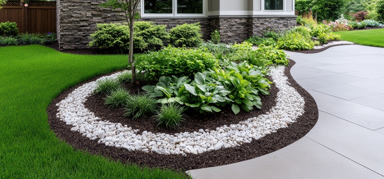 Lush Curved Garden Bed With Green Hosta And White Pebble Border Beside Modern House Patio