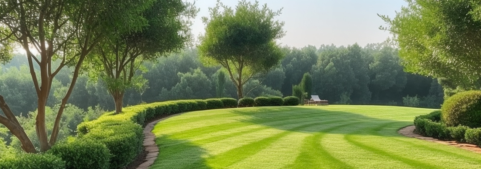 Green Carpet Grass Smooth Lawn In Garden With Row Of Bush And Trees On The Background. Ai Generated