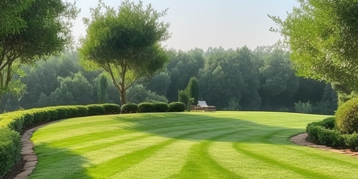 Green Carpet Grass Smooth Lawn In Garden With Row Of Bush And Trees On The Background. Ai Generated